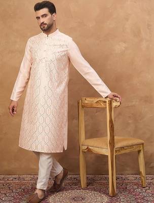 Men peach silk blend solid embroidered straight kurta with pant set 5