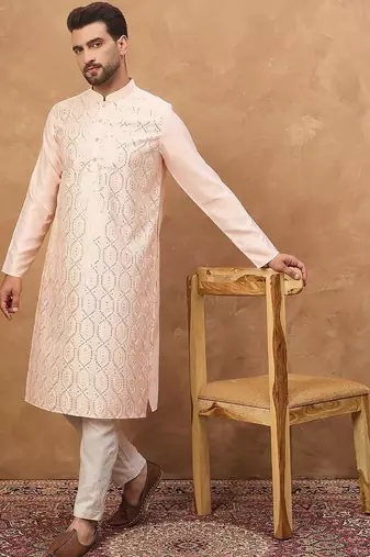 Men peach silk blend solid embroidered straight kurta with pant set