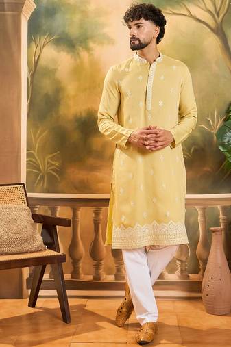 Men yellow silk blend solid embroidered straight kurta with trouser