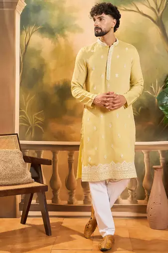 Men yellow silk blend solid embroidered straight kurta with trouser