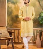 Men yellow silk blend solid embroidered straight kurta with trouser
