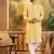 Men yellow silk blend solid embroidered straight kurta with trouser