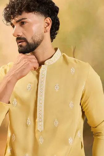 Men yellow silk blend solid embroidered straight kurta with trouser