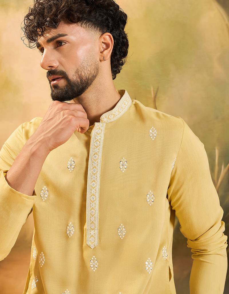 Men yellow silk blend solid embroidered straight kurta with trouser
