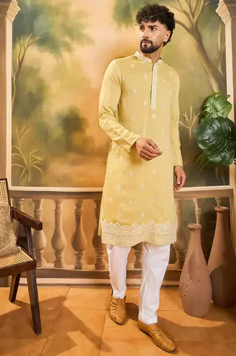 Men yellow silk blend solid embroidered straight kurta with trouser