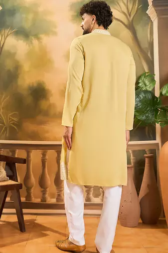 Men yellow silk blend solid embroidered straight kurta with trouser
