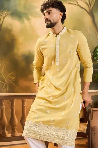 Men yellow silk blend solid embroidered straight kurta with trouser