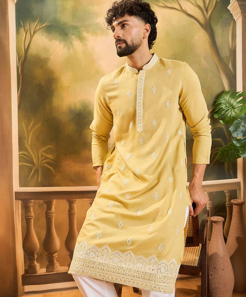 Men yellow silk blend solid embroidered straight kurta with trouser