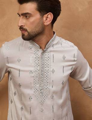 Men grey silk blend solid embroidered straight kurta with pant set 1