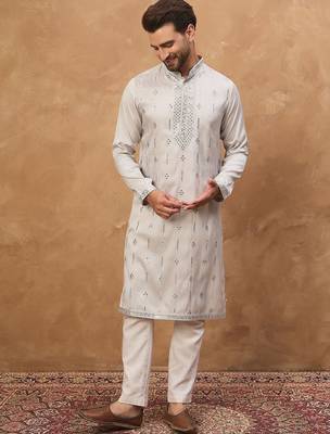Men grey silk blend solid embroidered straight kurta with pant set 2