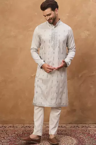 Men grey silk blend solid embroidered straight kurta with pant set