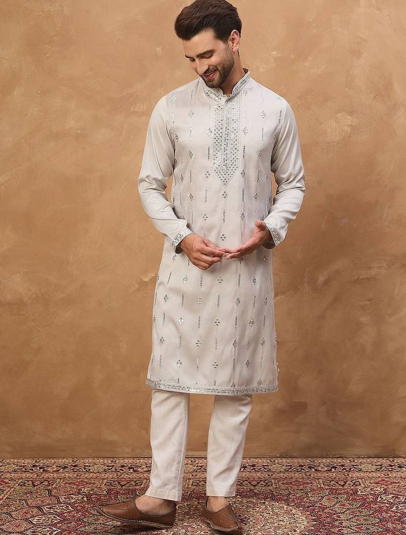 Men grey silk blend solid embroidered straight kurta with pant set