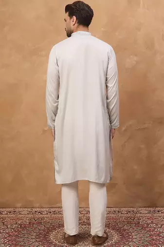 Men grey silk blend solid embroidered straight kurta with pant set