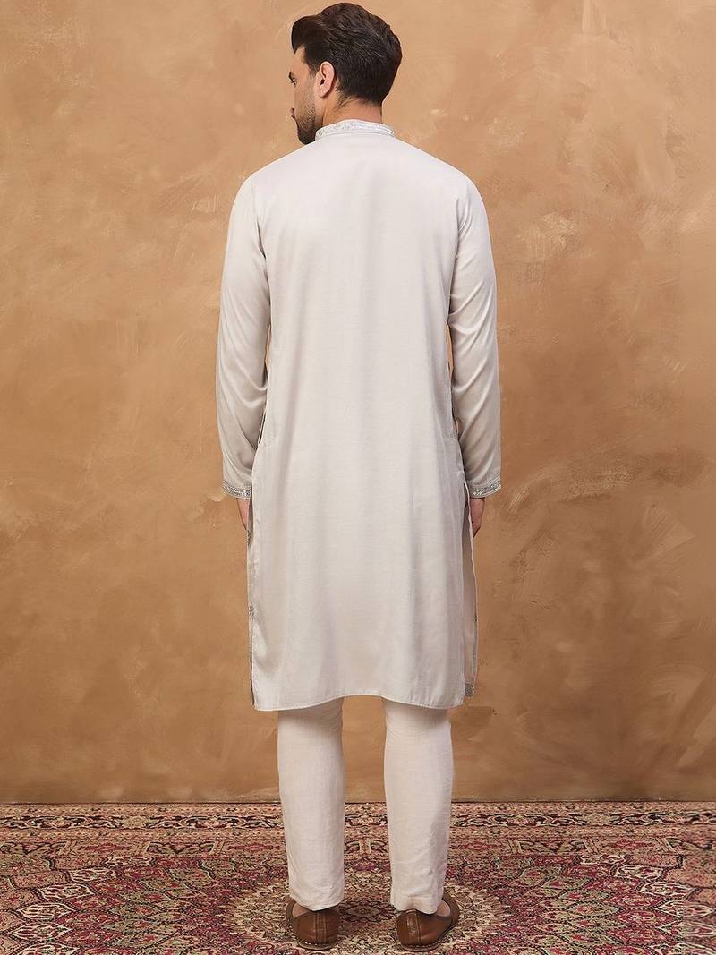 Men grey silk blend solid embroidered straight kurta with pant set