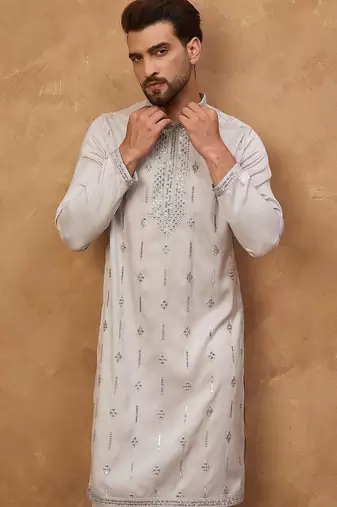 Men grey silk blend solid embroidered straight kurta with pant set
