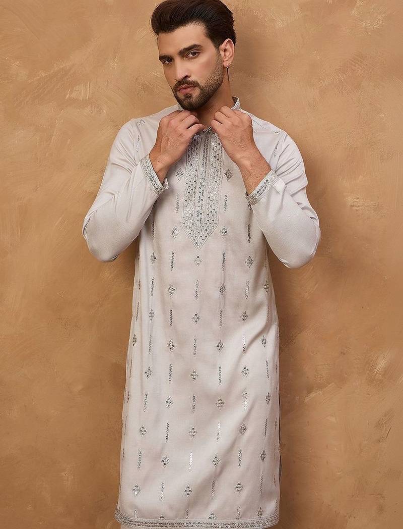 Men grey silk blend solid embroidered straight kurta with pant set