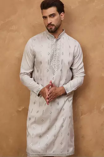 Men grey silk blend solid embroidered straight kurta with pant set