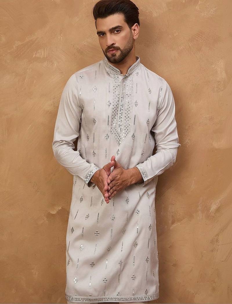 Men grey silk blend solid embroidered straight kurta with pant set