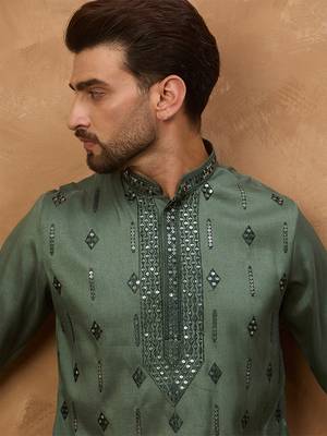 Men green silk blend solid embroidered straight kurta with pant set 1