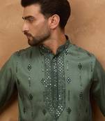 Men green silk blend solid embroidered straight kurta with pant set