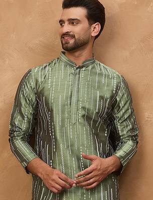 Men green silk blend solid embroidered straight kurta with pant set 1