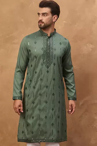 Men green silk blend solid embroidered straight kurta with pant set