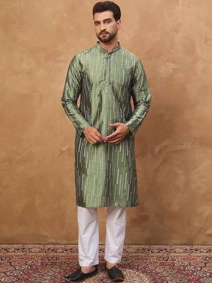 Men green silk blend solid embroidered straight kurta with pant set 2