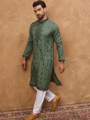 Men green silk blend solid embroidered straight kurta with pant set 3