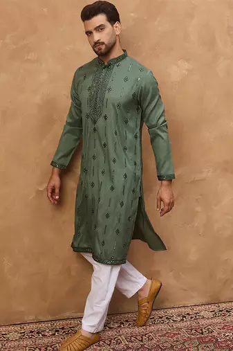 Men green silk blend solid embroidered straight kurta with pant set