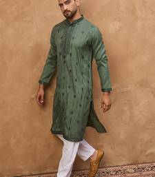 Men green silk blend solid embroidered straight kurta with pant set