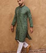 Men green silk blend solid embroidered straight kurta with pant set