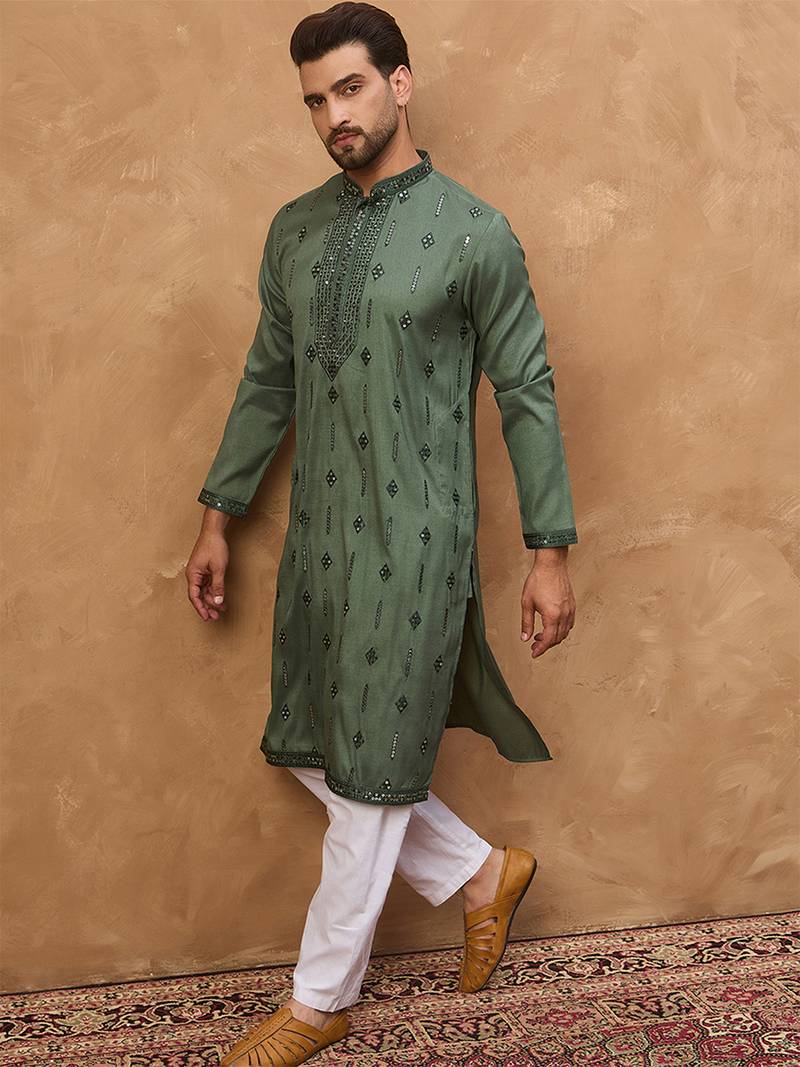 Men green silk blend solid embroidered straight kurta with pant set