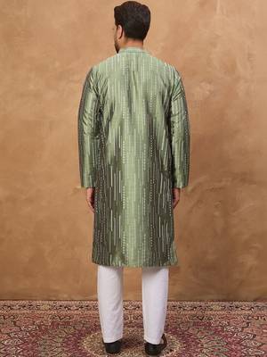 Men green silk blend solid embroidered straight kurta with pant set 3