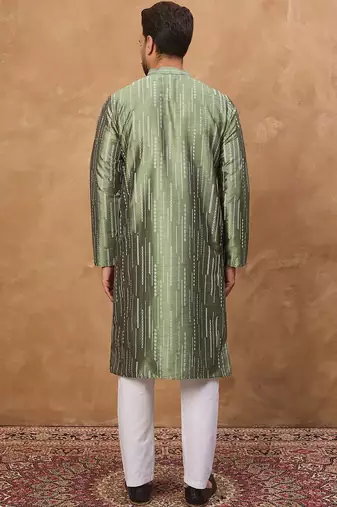 Men green silk blend solid embroidered straight kurta with pant set
