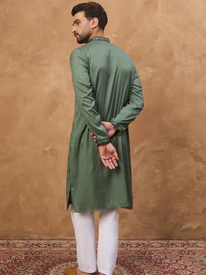 Men green silk blend solid embroidered straight kurta with pant set 4