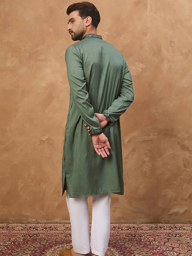 Men green silk blend solid embroidered straight kurta with pant set