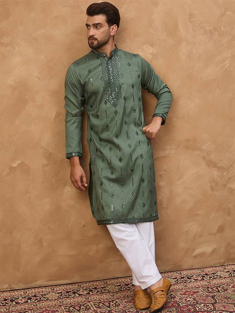 Men green silk blend solid embroidered straight kurta with pant set