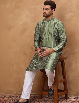 Men green silk blend solid embroidered straight kurta with pant set 5