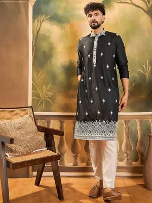 Men black silk blend solid embroidered straight kurta with trouser 1
