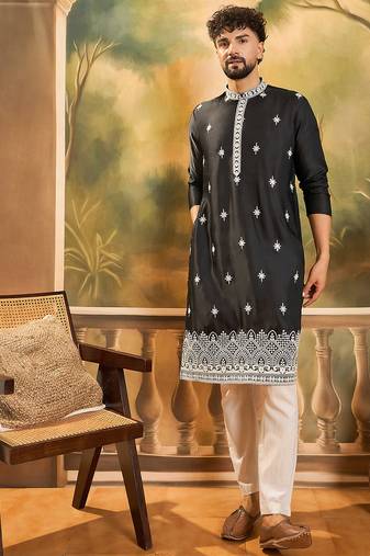 Men black silk blend solid embroidered straight kurta with trouser