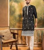 Men black silk blend solid embroidered straight kurta with trouser