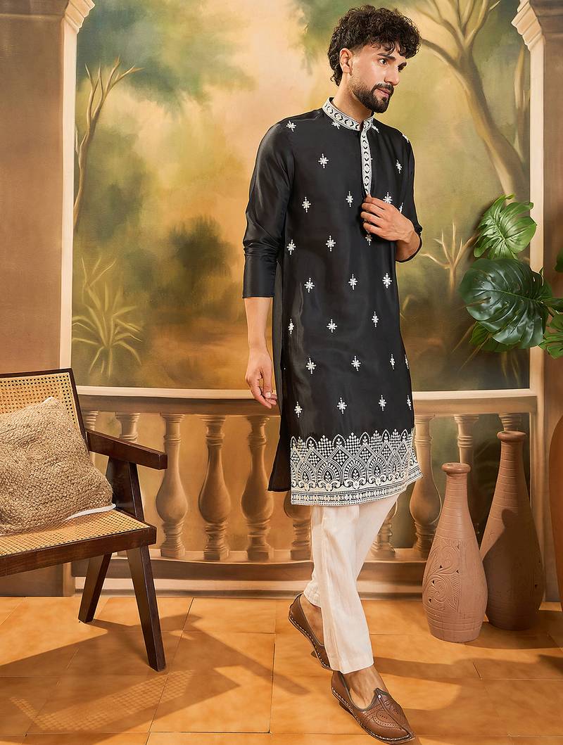 Men black silk blend solid embroidered straight kurta with trouser