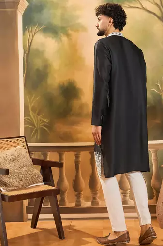 Men black silk blend solid embroidered straight kurta with trouser