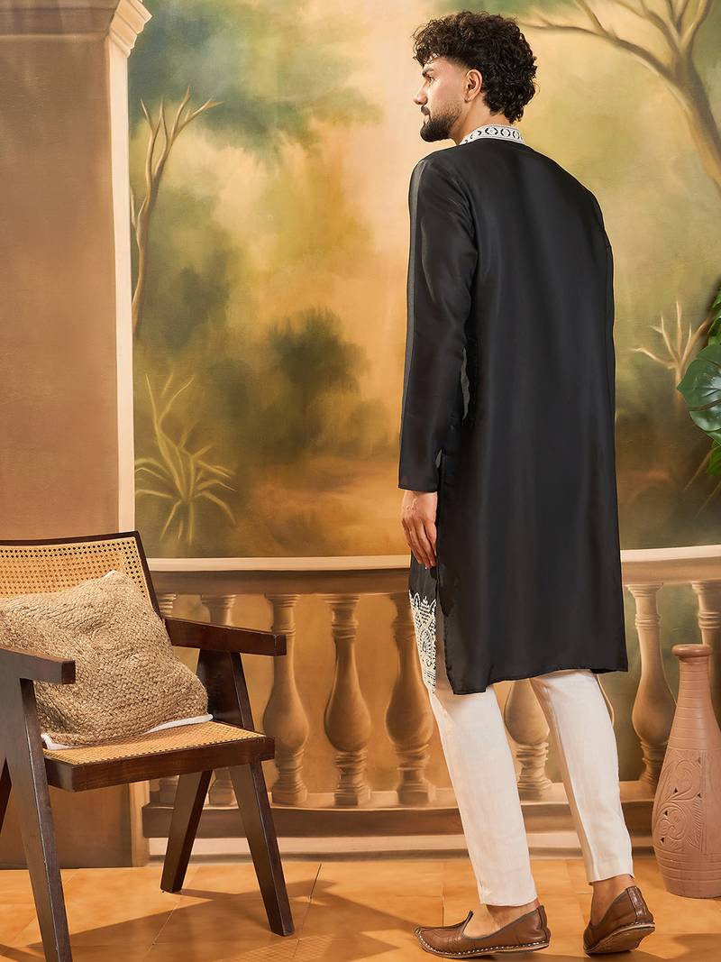 Men black silk blend solid embroidered straight kurta with trouser