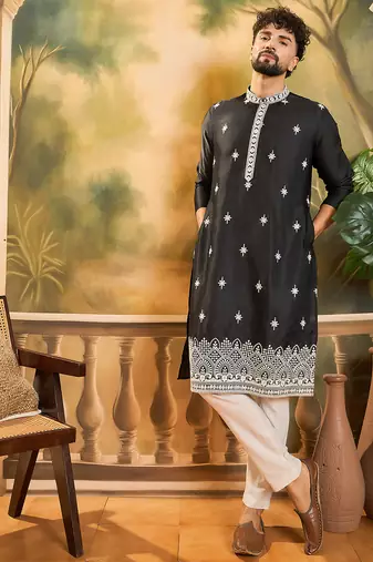 Men black silk blend solid embroidered straight kurta with trouser