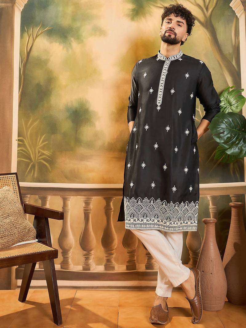 Men black silk blend solid embroidered straight kurta with trouser