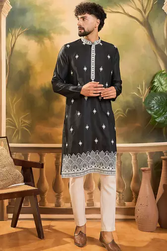 Men black silk blend solid embroidered straight kurta with trouser