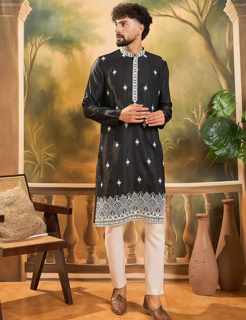Men black silk blend solid embroidered straight kurta with trouser