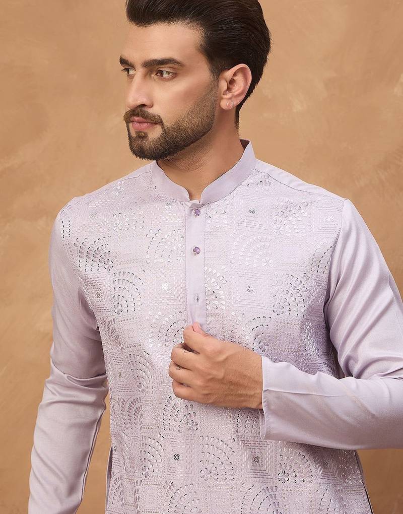 Men lavender silk blend solid embroidered straight kurta with pant set