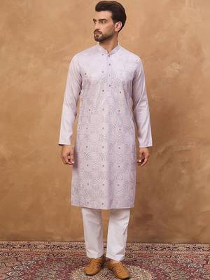Men lavender silk blend solid embroidered straight kurta with pant set 2